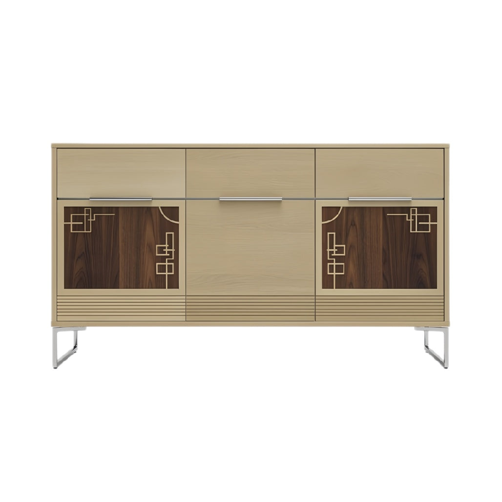 **Technische titel in het Nederlands: Moderne houten dressoirkast met metalen accenten**