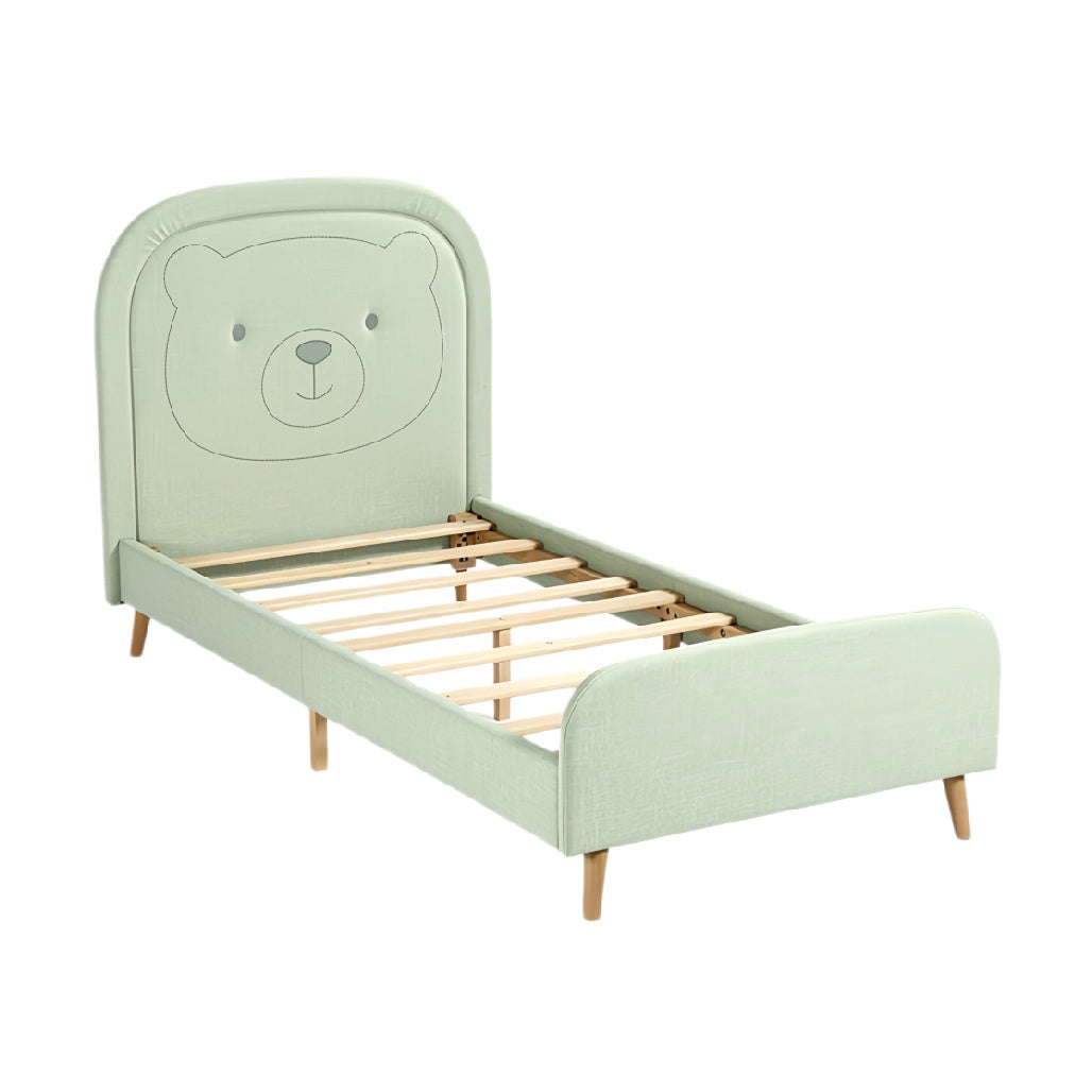 **Technische titel in het Nederlands: Kinderbed met berenkop, groen, met houten lattenbodem**