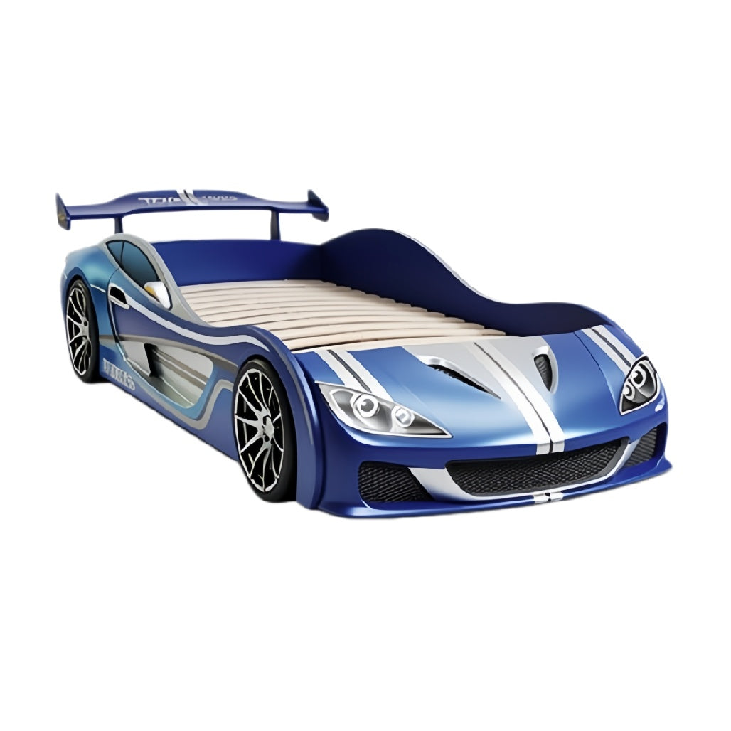 **Technische titel in het Nederlands: "Sportieve Autoslaapbed voor Kinderen - Blauw met Racing Stripes"**
